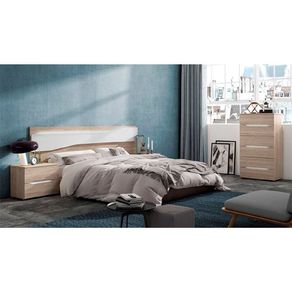 Dormitorio moderno cabezal + 2 mesitas + cómoda sable/blanco