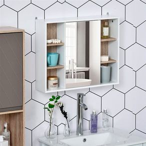 Armario con espejo de baño blanco y roble 60x14,5x49,4 cm