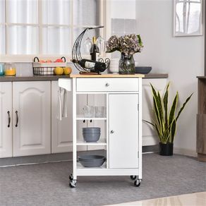 Carrito auxiliar de cocina Homcom 1 cajón+1 armario+3 estantes blanco/natural 86,5x66x39,5 cm