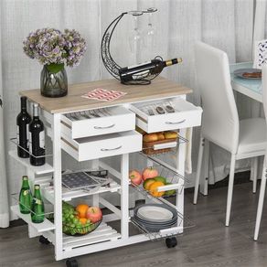 Carrito de cocina multifuncional Homcom con cajones+cestas blanco/natural 82x92x37 cm