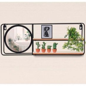 Estante con espejo redondo negro/natural 19x50x10 cm