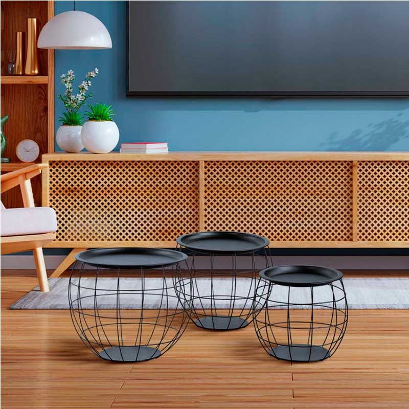 Set 3 mesitas Baloon Thinia Home con almacenaje interior negro