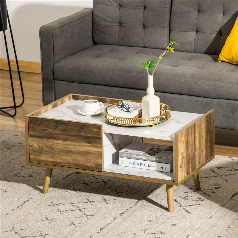 Mesa de centro Homcom cajón+hueco abierto marrón/mármol 40,5x80x45 cm