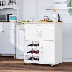 Carrito de cocina auxiliar Homcom 1 cajón+3 compartimentos+botellero blanco/natural 87x67x37 cm