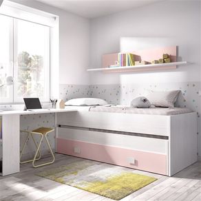 Cama compacta 1 cajón + estantería Ocean artic/rosa
