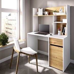 Escritorio Bali 1 cajón + 1 puerta con altillo blanco/nordic 152x110x50 cm