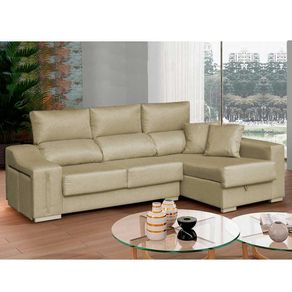 Sofá chaiselongue Ares 3 plazas con arcón y 2 taburetes tela nevada beige frente derecha
