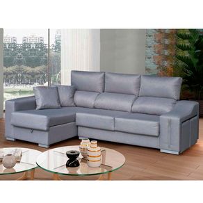 Sofá chaiselongue Ares 3 plazas con arcón y 2 taburetes tela nevada gris frente izquierda