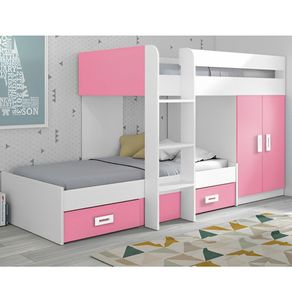 Cama tren Trivial 2 camas+2 cajones+1 armario blanco/rosa