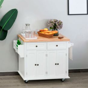 Isla de cocina Homcom 2 cajones 4 puertas especiero barra lateral blanco 82,5x111x44,5 cm