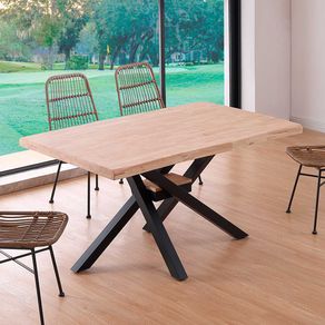 Mesa de comedor Xena forma patas cruzadas tapa irregular roble Nordish/negro 76x150x90 cm