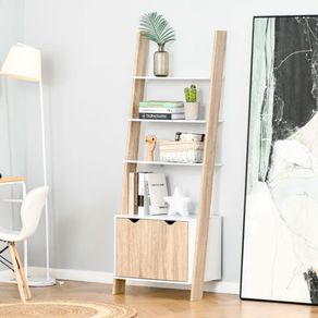 Estantería de escalera Homcom 3 estantes 1 armario blanco/natural 171x60x40 cm