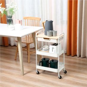 Carrito de cocina auxiliar Homcom 3 niveles 1 cajón 2 cestas con ruedas blanco 75,6x43,9x60,5 cm