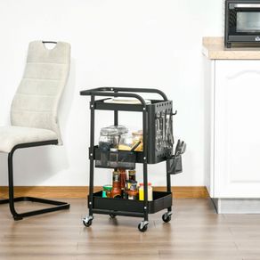 Carrito de cocina auxiliar Homcom 3 niveles 3 cestas 4 ganchos con ruedas negro 75,6x51,5x32 cm