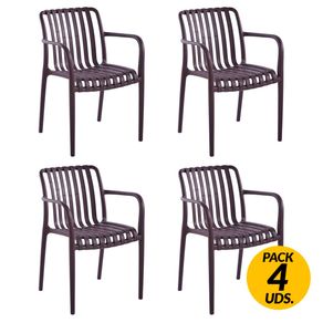Pack de 4 sillas multiusos Ivone con reposabrazos uso interior y exterior marrón oscuro