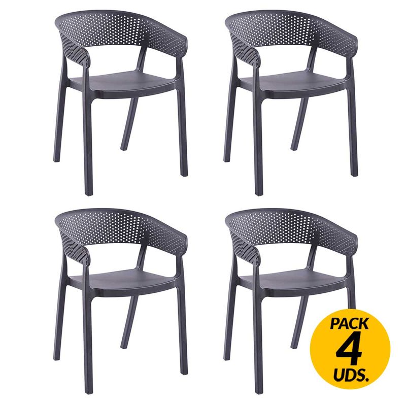 Pack de 4 sillas multiusos Bari con reposabrazos uso interior y exterior gris oscuro