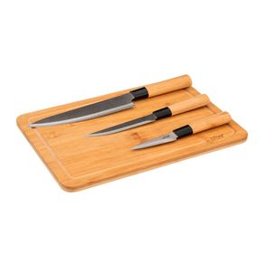 Conjunto de tabla + 3 cuchillos bambú natural/inox