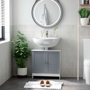 Armario bajo para baño Kleankin 2 puertas + 2 estantes ajustables gris/blanco 60x60x30 cm