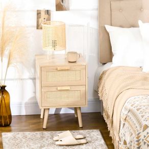 Mesita de noche Boho Homcom 2 cajones estilo cannage natural 56x40x40 cm