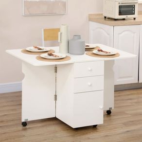 Mesa de comedor Oke Homcom plegable 2 cajones + 1 armario + ruedas blanco 75x35-120x80 cm