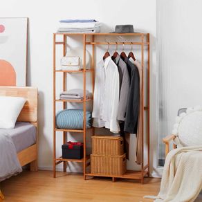 Perchero de pie Sun Homcom 6 estantes + barra para colgar bambú 145x90x30 cm