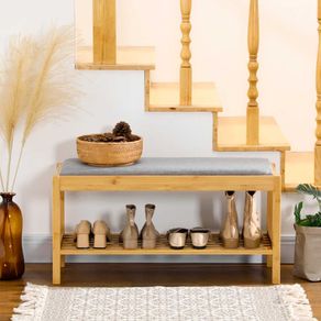Banco zapatero Kirov Homcom asiento tapizado + estante bambú 46x90x30 cm