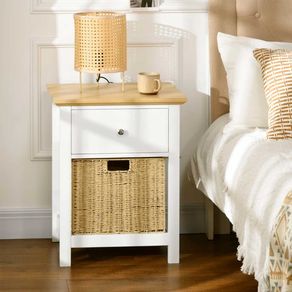 Mesita de noche Cala Homcom cajón + cesta de ratán blanco/natural 64x49x39 cm