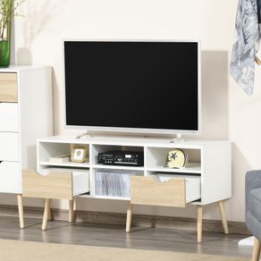Mueble de TV Moca Homcom 2 cajones + 4 estantes blanco/madera 57x117x39 cm