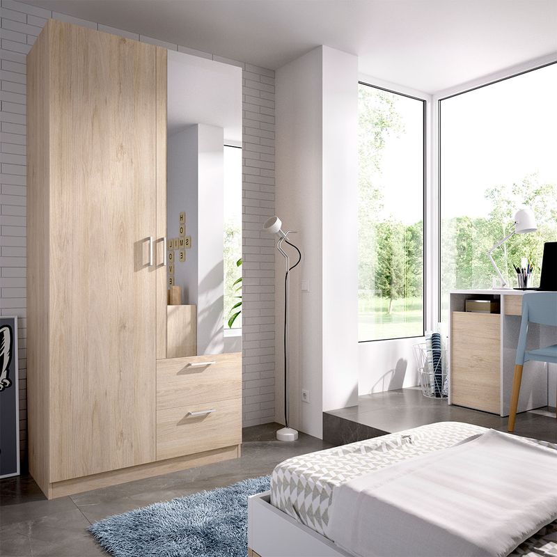 Armario Maxi 2 puertas + 2 cajones con espejo natural 215x100x52 cm
